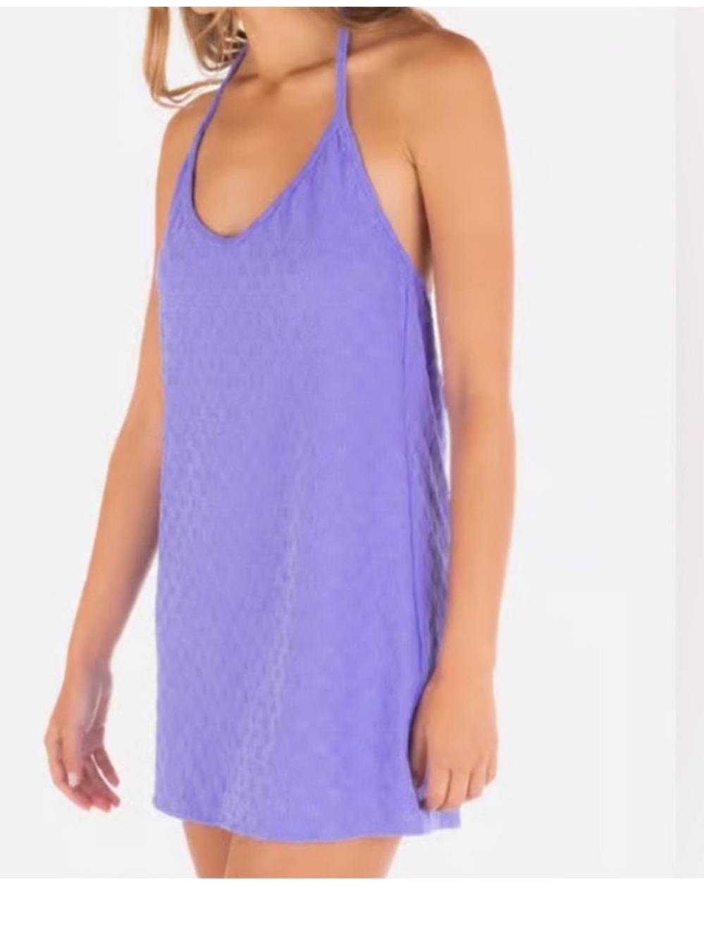 Hurley Large Dress Mini Check Halter Mini Dress Textured Terry in Periwinkle NWT